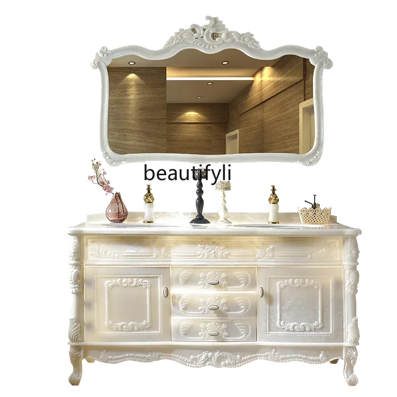 

European-Style Bathroom Cabinet Light Luxury Bathroom Integrated Jade Floor Double Basin Washbasin Washstand Y