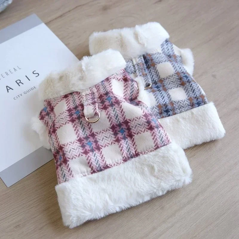 Plaid Cotton Coat Jacket Pet Dog Clothes Velvet Traction Rope Dogs Clothing Cat Small Print Cute Autumn Winter Girl Chihuahua