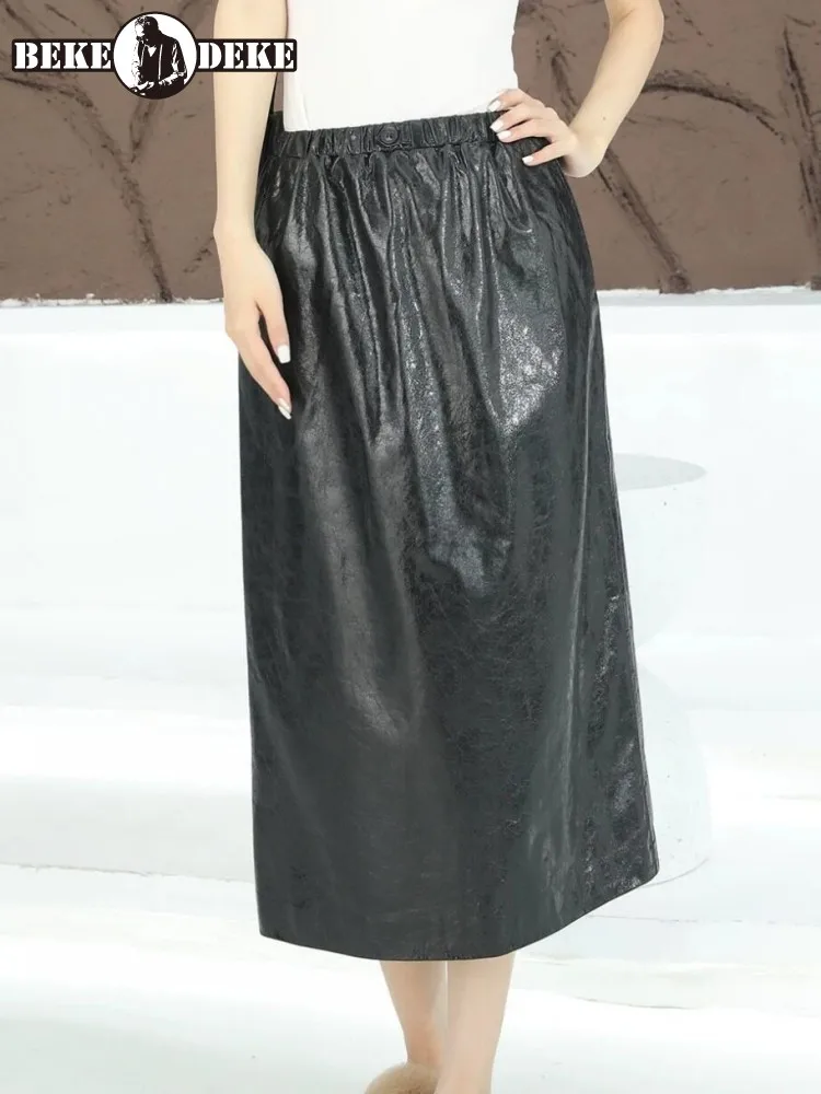 Streetwear Ladies Genuine Leather Fashion Elastic Waist Straight Skirt Versatile Slim Solid Color Sheepskin Button Skirts
