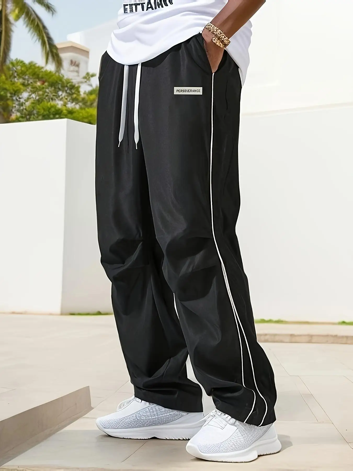 Men's Regular Plain Sports Straight Pants with Drawstrings and Elastic Waistband, Reflective Webbing Design, Suitable for Daily Leisure, Street Basketball, Fitness, Multi-Scenario Matchinging, Suitable for All Seasons