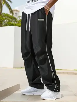 Men's Regular Plain Sports Straight Pants with Drawstrings and Elastic Waistband, Reflective Webbing Design, Suitable for Daily Leisure, Street Basketball, Fitness, Multi-Scenario Matchinging, Suitable for All Seasons