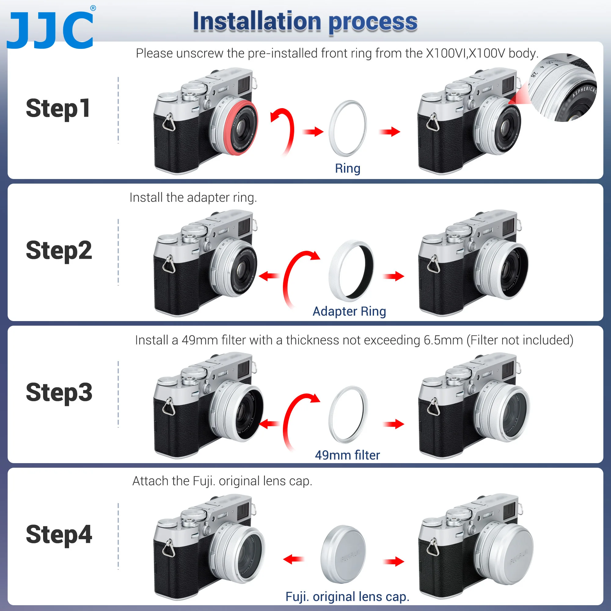 JJC Lens Filter Adapter Ring for Fujifilm X100VI X100V X100F X100T X100S X100 X70 fit 49mm Filter Replace Fujifilm AR-X100