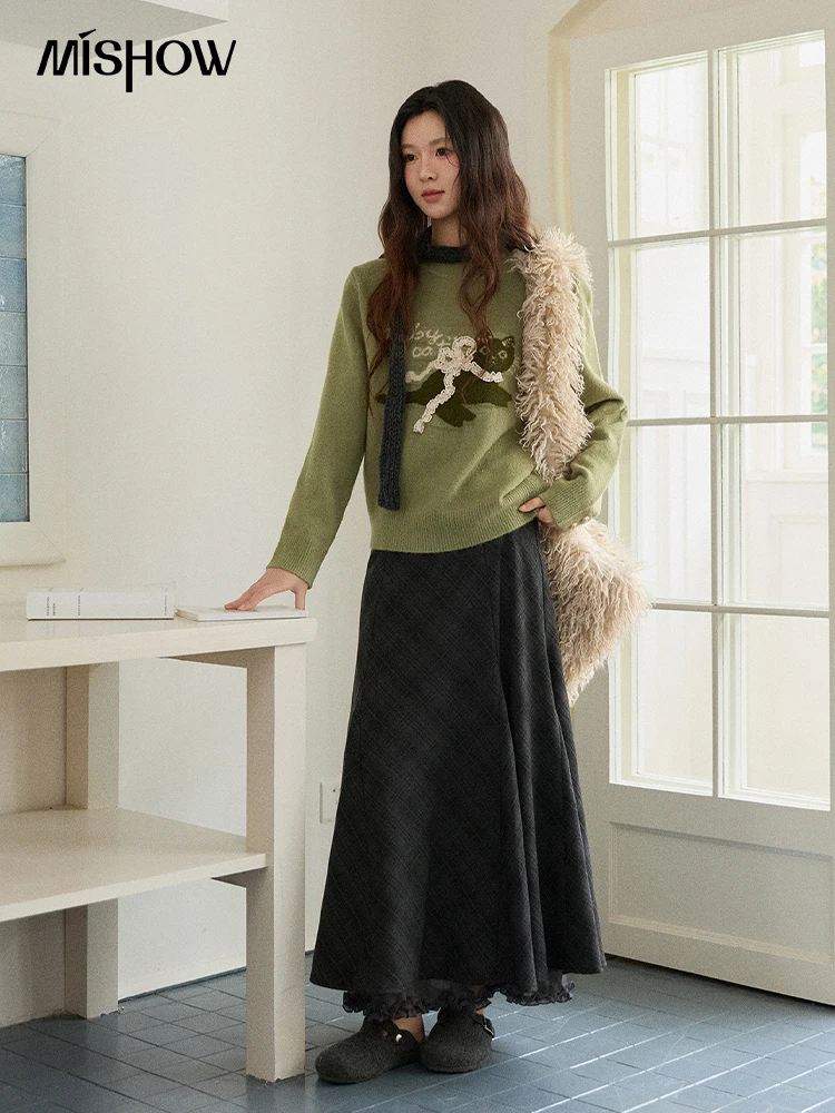 MISHOW Katzen-Jacquard-Pullover für Damen, 2022, Winter, fauler Stil, Rundhalsausschnitt, dreidimensionale Schleife, lockerer Strickpullover MXE86Z2750