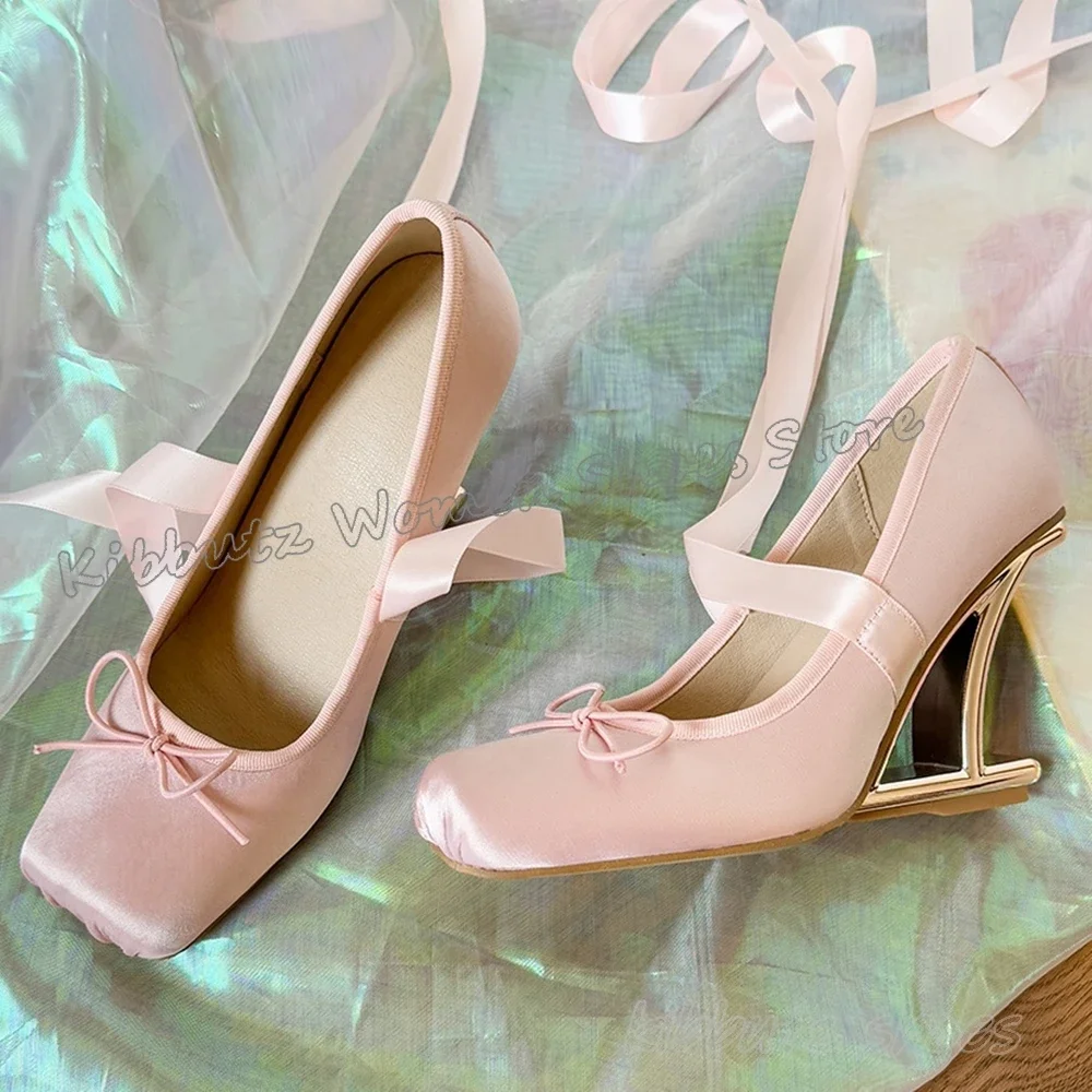 

Satin Bows Ballet Pumps Lace-Up Solid Color Strange Heels Square Toe Fashion Concise Novelty Sexy Party Dress Women Shoes Newest