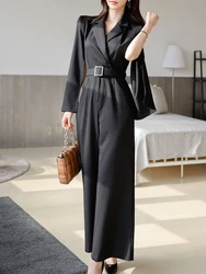 Elegant Business Wide Leg Loose Jumpsuit Women Lady Retro Temperament Open Sleeve Belt High Waist Pants Office One Piece Rompers