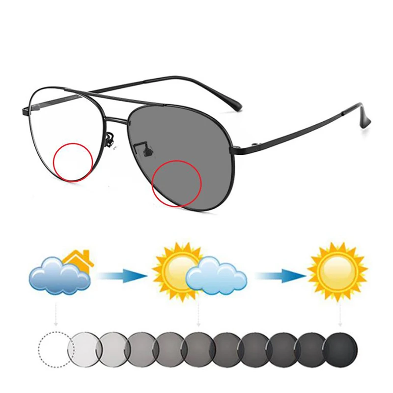 New Retro Pure Titanium Men Pilot Photochromic Bifocal Reading Sunglasses Double Bridge Look Near Far Presbyopia Dark Glasses