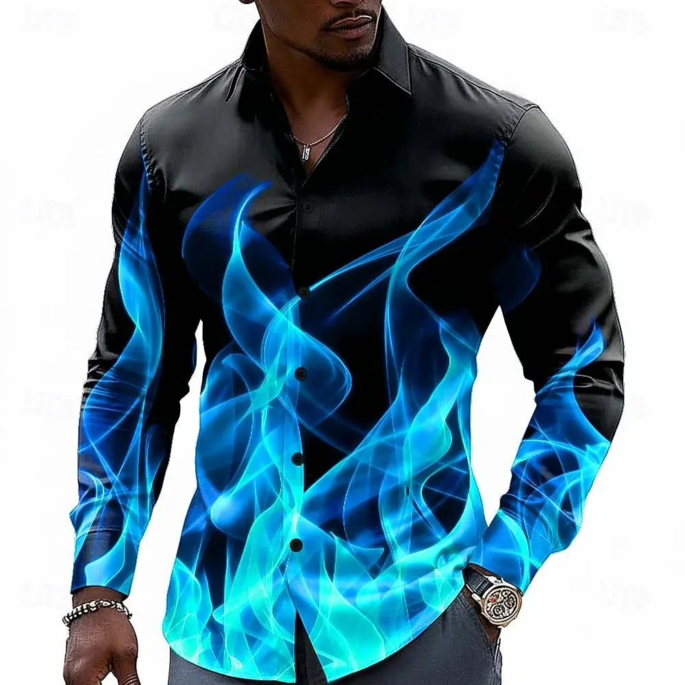 

Men's Optical Illusion Flame Neon Glow Shirt Button Up Shirt Casual Long Sleeve Fashion Casual Streetwear Vacation Spring Fall