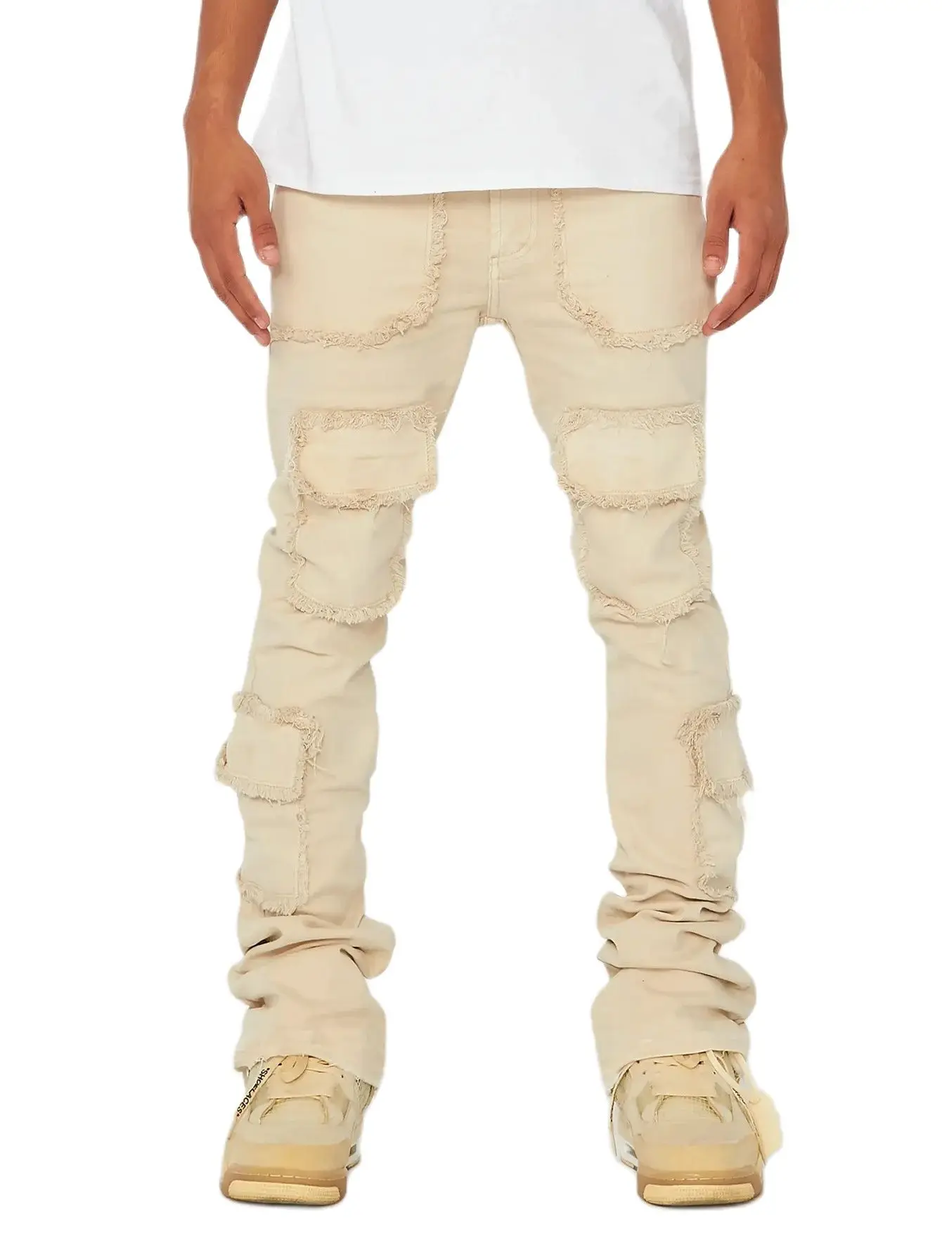 

Solid Color Multi-pockets Long Legnth Denim Pants For Men Regular Fit Patches Frayed Hem Trousers Male Stacked Jeans New