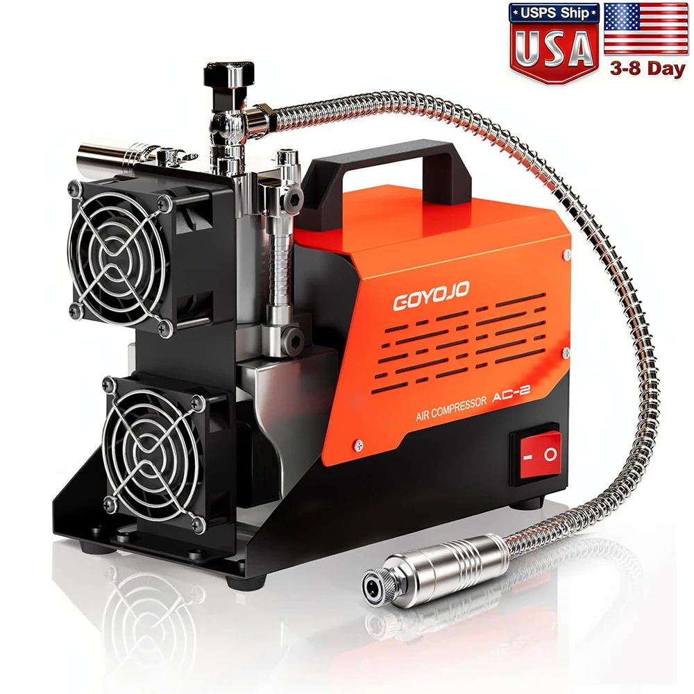 GOYOJO AC-2 PCP Air Compressor, 4500 PSI/30 MPa Portable Oil-Free Air Pump, Up to 45 Min Continuous Runtime, 12V DC & 110V/220V AC Converter, for PCP Airguns & HPA Paintball Tanks
