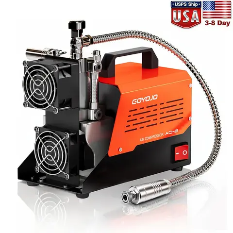 GOYOJO AC-2 PCP Air Compressor, 4500 PSI/30 MPa Portable Oil-Free Air Pump, Up to 45 Min Continuous Runtime, 12V DC & 110V/220V AC Converter, for PCP Airguns & HPA Paintball Tanks