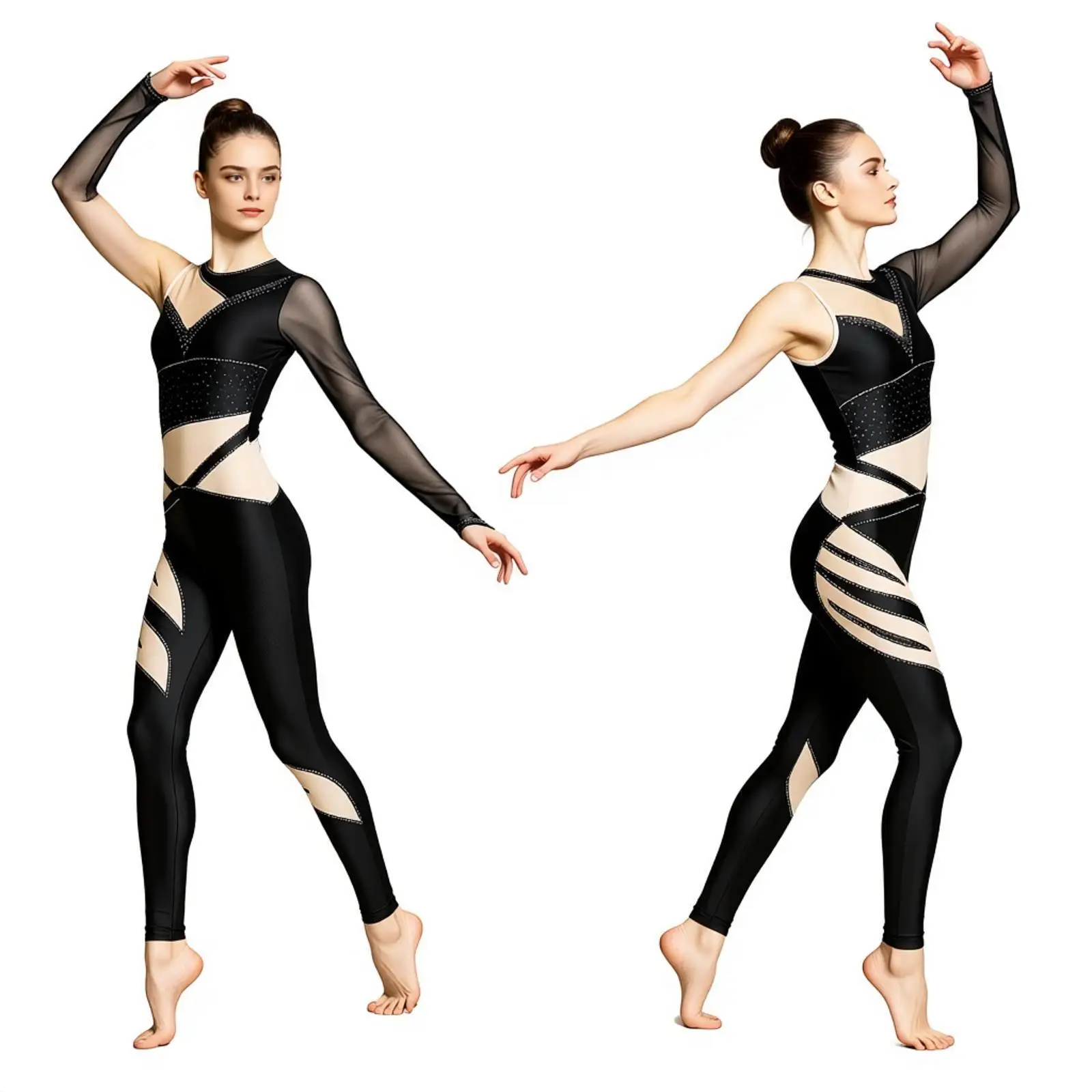 Women Contrast Color Bodysuit Jumpsuit Single Sleeve Shiny Rhinestones Ballet Dance Gymnastics Leotard Stage Performance Costume