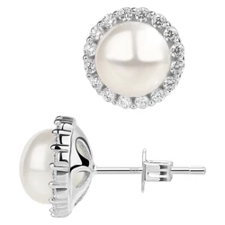 925 Sterling Silver Halo Shape Stud Earrings Paved With Cubic Zirconia Freshwater Cultured Pearl Elegant Jewelry Gifts For Women