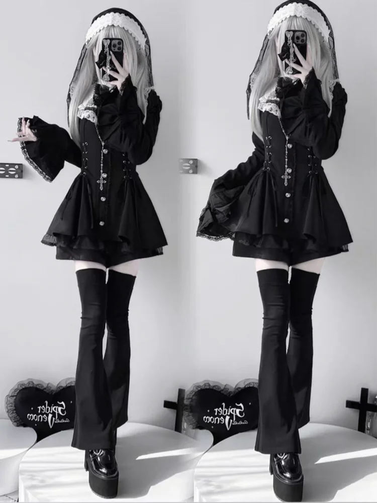 Gothic Vintage Hot Girl Slim Patchwork Dress Women High Street Lace Skinny Long Sleeve Dresses France Sweet White Clothing New - Image 4