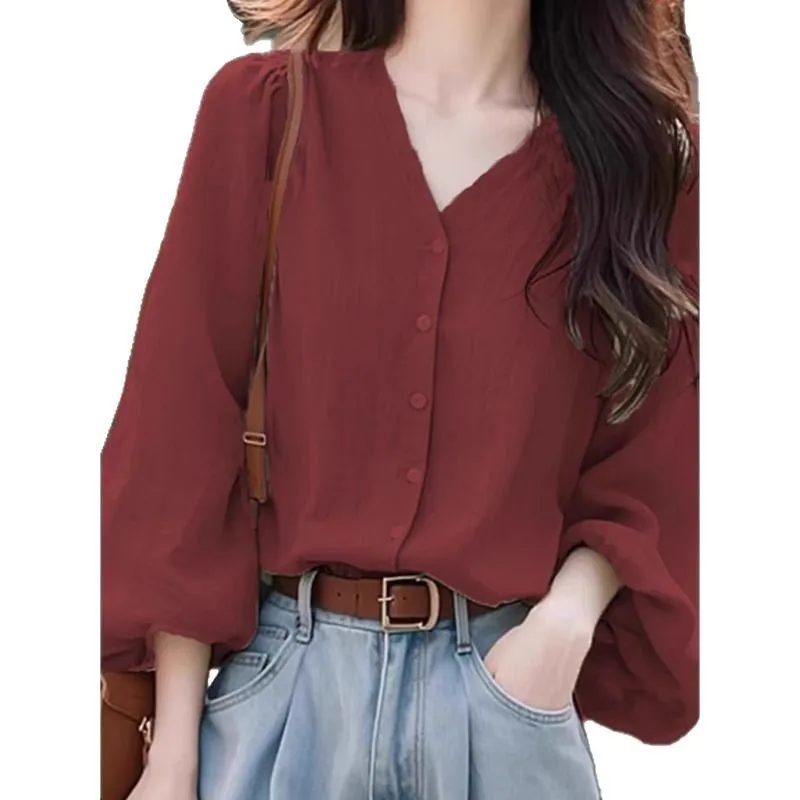 سترة بأكمام منتفخة ورقبة على شكل حرف V: بلوزة نسائية قابلة للتنفس من مزيج القطن والكتان للخريف والعمل - أناقة بسيطة #5