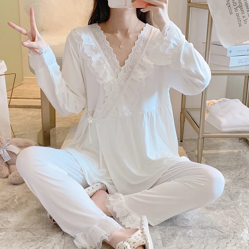 2Pcs/Set Modal Maternity Nursing Sleepwear Set Breast Feeding Pajamas Nightgown Pregnancy Lace Nightwear Maternity Nursing Dress