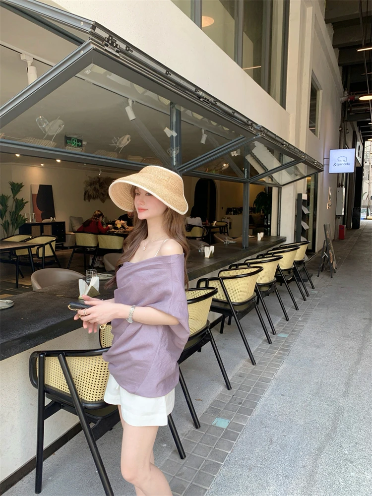 

Новая асимметричная блузка на одно плечо в французском стиле, свободного кроя, с коротким рукавом, однотонная, весна-лето