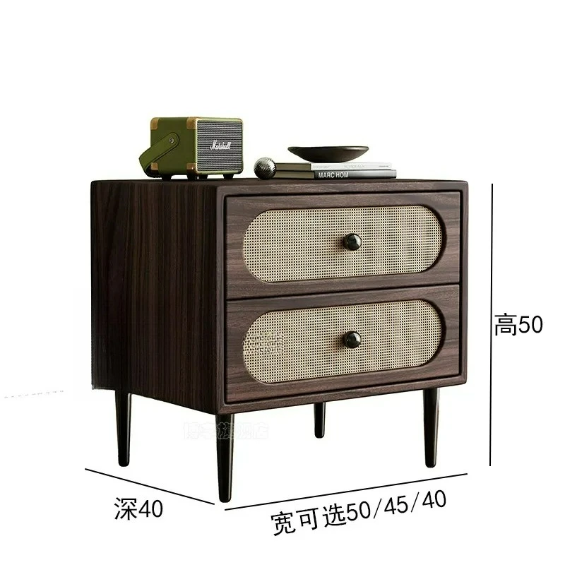 Factory Direct 2026 Solid wood antique black walnut leather bedside table rattan simple modern American retro bedroom storage si