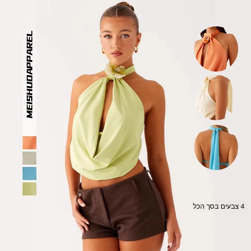 Sexy Backless Halter Top with Deep V-Strap Vest for Women Polyester Fiber Short Outerwear Thin Model Pure Color Winter Collec...