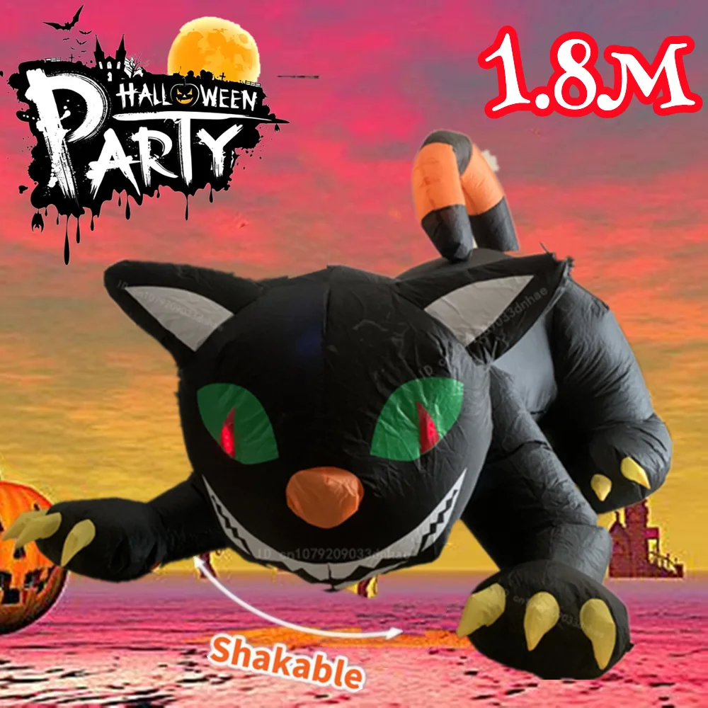 1.8M Halloween Inflatable Shaking Head Cat Model with LED Lights Halloween Outdoor Party Lawn Haunted House Decoration Props