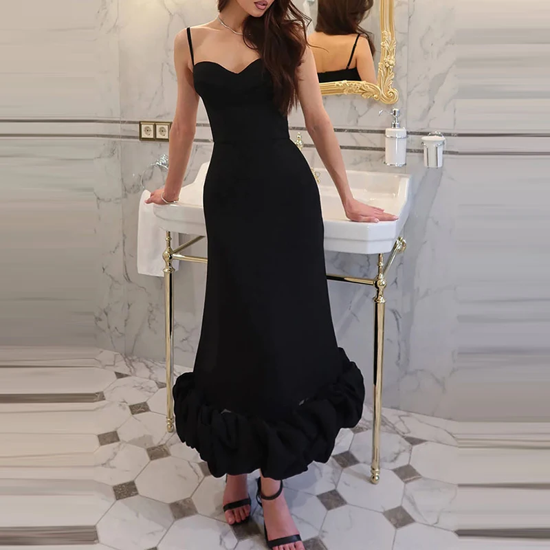 Women Sexy Suspender Sleeveless Hollow Boho Maxi Dress Spring Elegant Solid Ruffles Party Dress Trendy Casual Bodycon Long Dress
