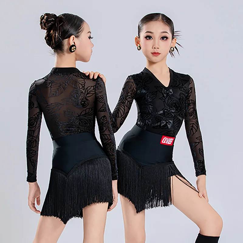 

Детские костюмы для латиноамериканских танцев для девочек: боди с длинными рукавами и V-образным вырезом с бантом и юбки с бахромой для тренировок, комплекты для бальных танцев и румбы