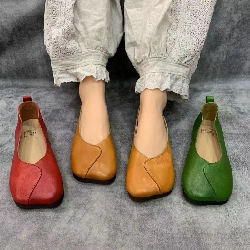 

2025 Leather Flats Women Loafers Shoes Square Toe Shallow Casual Shoes Trend Walking Soft Cozy Winter Designer Femme Chaussures