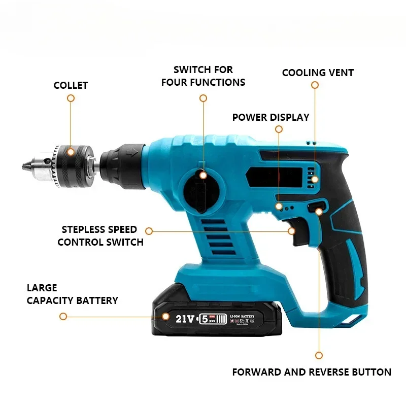 21V Brushless Electric Hammer Cordless Impact Drill Electric Screwdriver Power Tool 3 in 1 Drill Holes Tool for Makita Battery