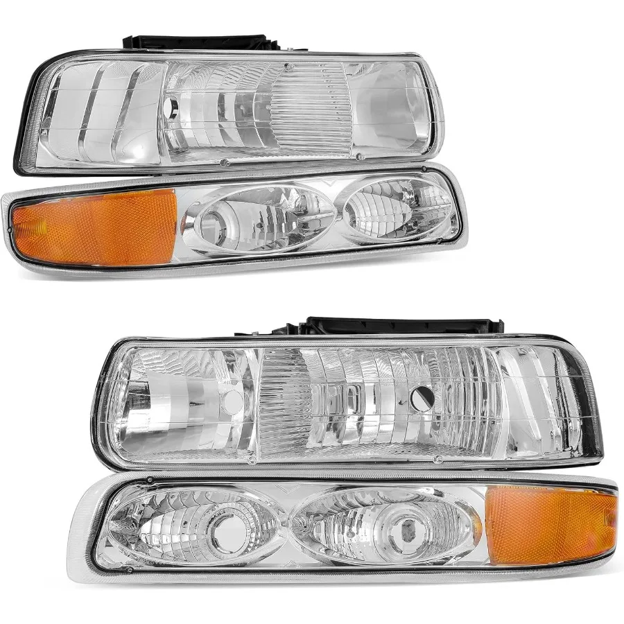 

Headlight Assembly Compatible with 1999 2000 2001 2002 Chevy Silverado 1500 2500 Headlamp Pair Chrome Housing Amber Reflector