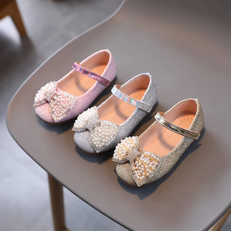 

2025 Autumn New Children Shoes Glitter Rhinestone Pearl Bowkont Girls Princess Dance Party Shoes Casual Kids Flats Baby Sandals