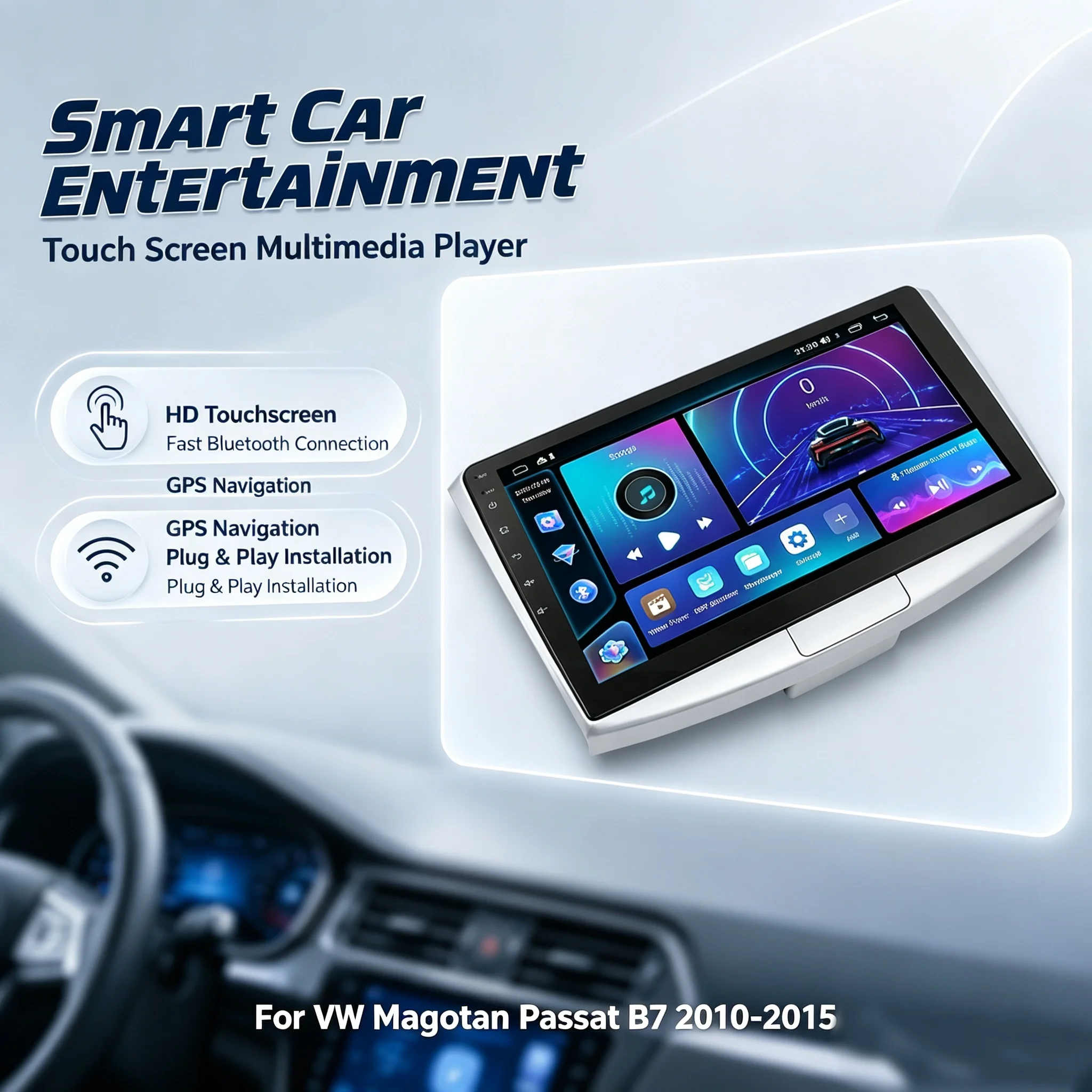 Autoradio multimédia avec navigation, unité centrale de tableau de bord avec caméra de recul à 12 LED, écran tactile, GPS, Bluetooth, FM, Plug and Play, remplacement direct pour VW Magotan Passat B7 2010-2015, performances stables