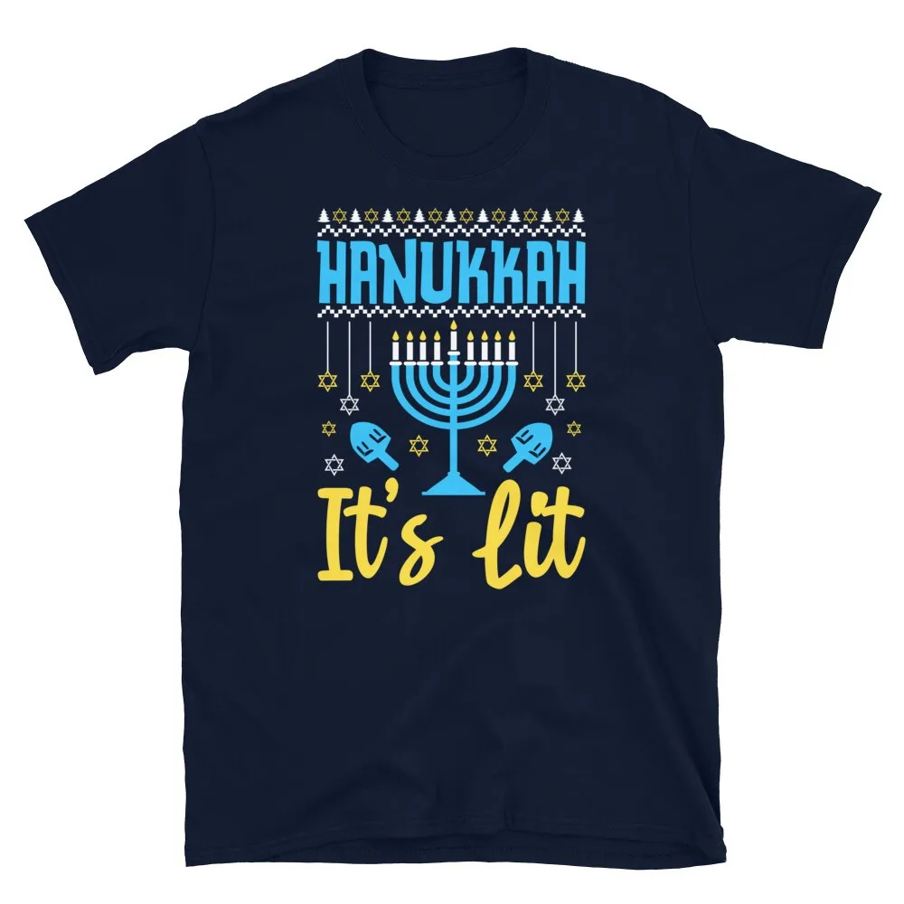 Hanukkah It’s Lit Jewish Holiday Menorah Dreidel Short-Sleeve Unisex T-Shirt Streetwear Printed T-shirt Top O-neck Tees