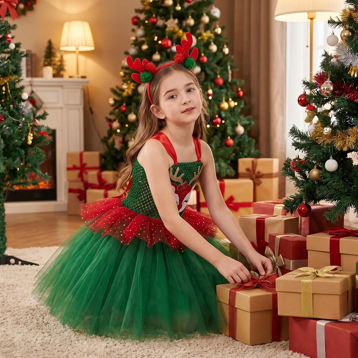 Girls Christmas Reindeer Tutu Dress Kids Xmas Party Costume Tulle Dress with Antlers Headband Holiday Outfit for Toddler Girl
