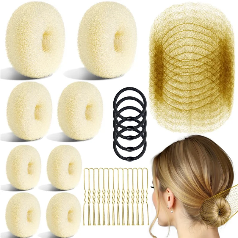 

【Popular】For Women's Bun Maker And Hair Net Set:8 Makers, 10 Brown Invisibility Nets, 5 Elastic Bands, 40 U Pins Beige