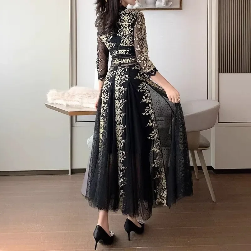 Black Woman Clothing Embroidery Mesh Dress Woman Long Sleeve V Neck Lace Long White Dresses Party for Lady Vestidos