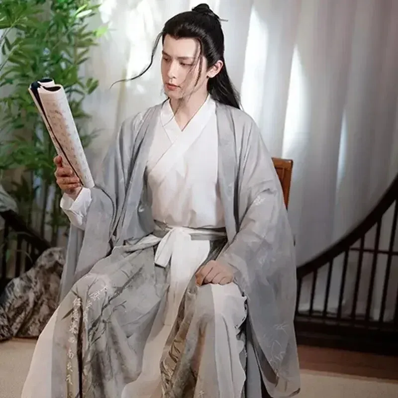 

CyLarge размер 2XL Hanfu мужской китайский традиционный принт Hanfu мужской Хэллоуин карнавальный косплей костюм серый рубашка Hanfu + юбка + пальто