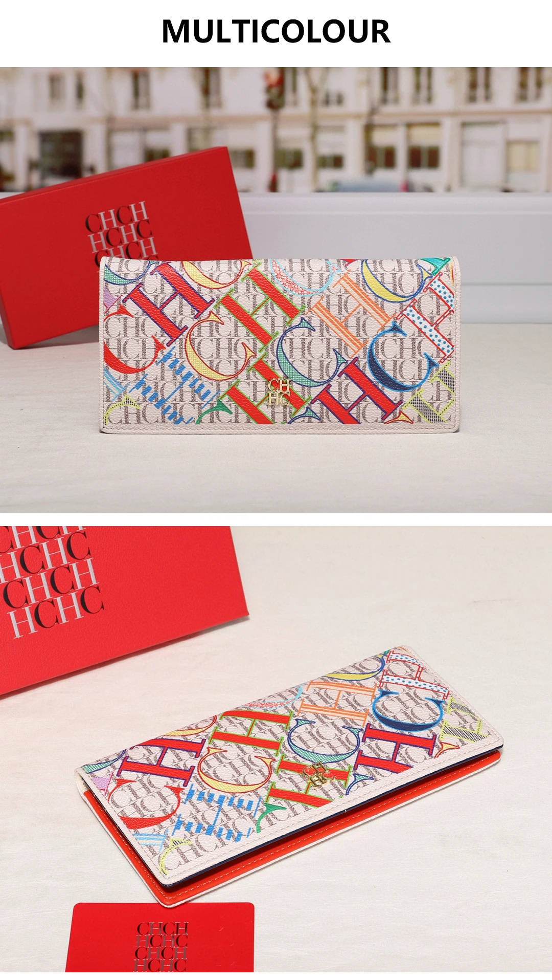 CH Damen Alltags-Geldbörse, bunt, Monogramm, Gold-Logo, mehrere Kartenfächer, Reißverschluss-Münzfach, Druckknopfverschluss, All-Match-Geldbörse – Detail 3
