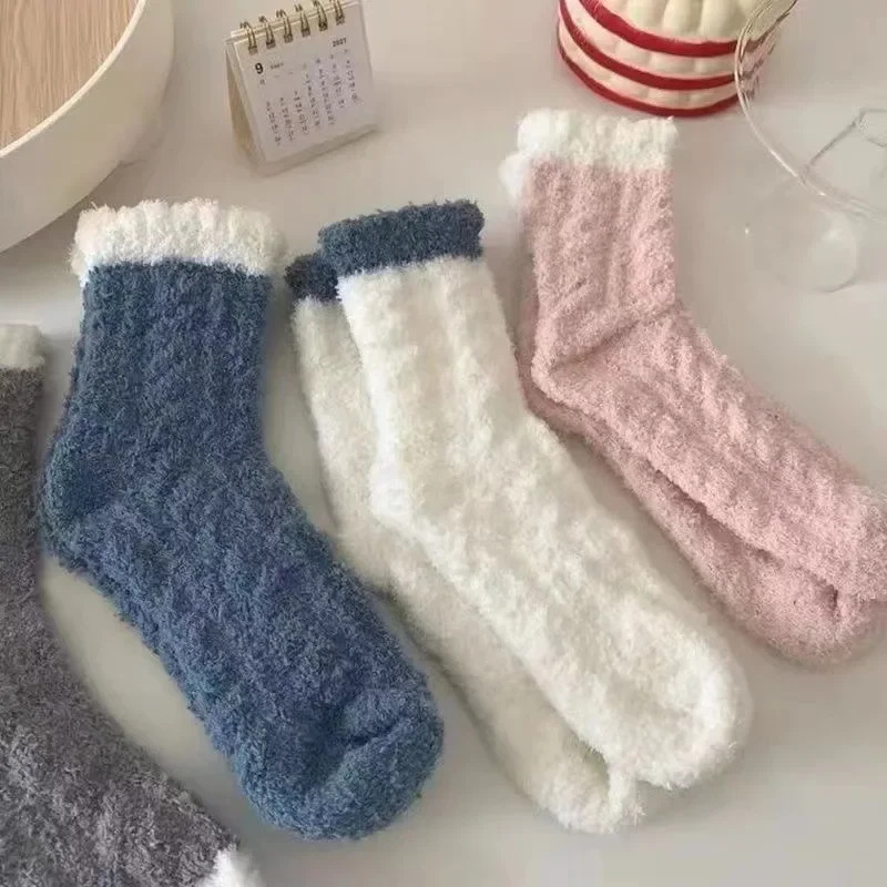 

2025 Winter Soft Coral Wool Autumn/Winter Warm Floor Socks Thick Cotton Socks Fluffy Plush Middle Tube