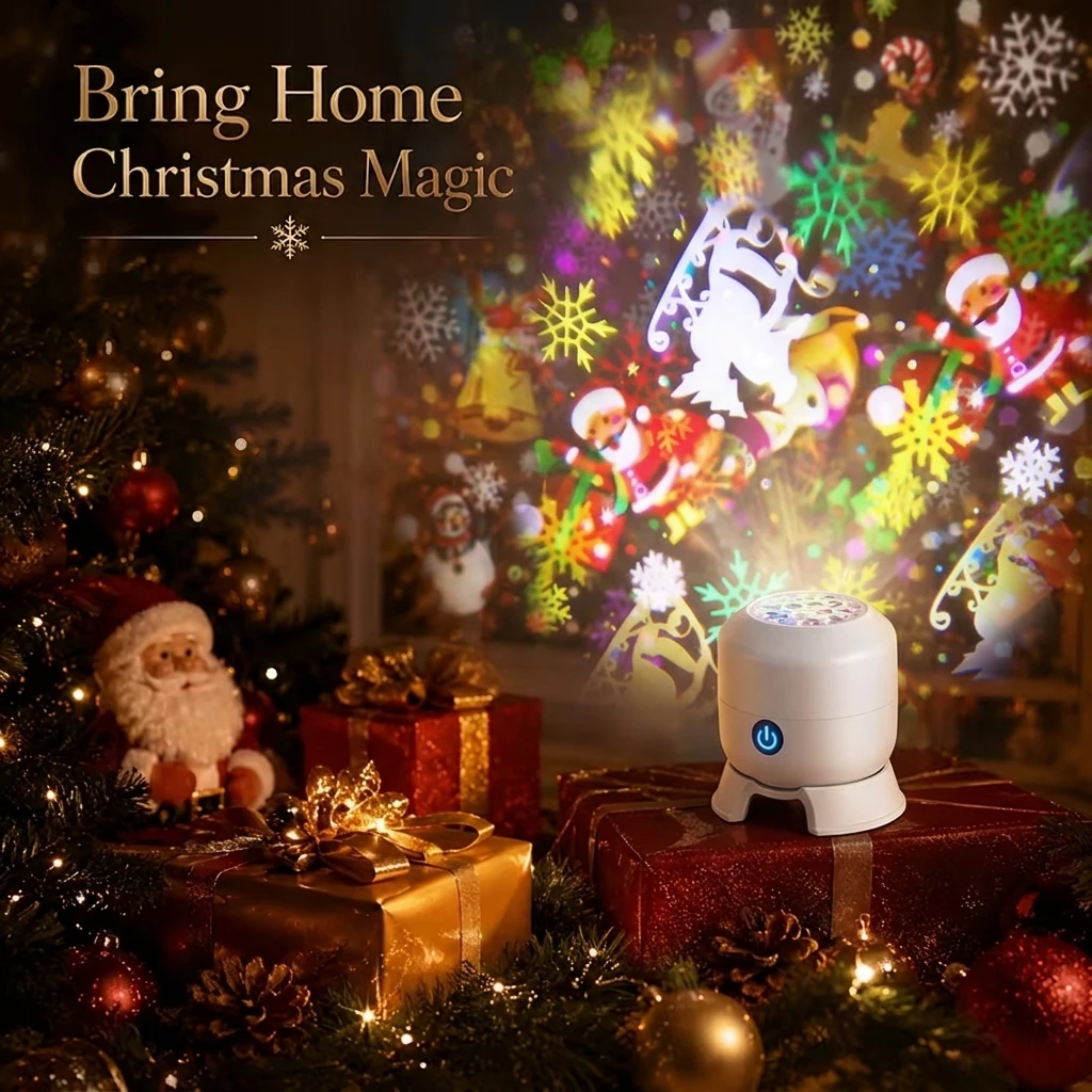 Christmas Projector Light USB Powered/Rechargeable 360° Rotating Dynamic Projection Atmosphere Lamp for Holiday Party Home Decor