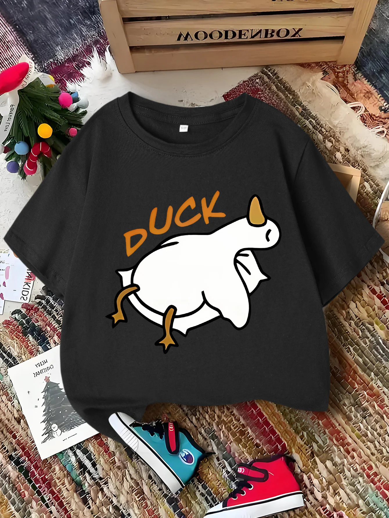 Cute Lying White Duck Duck Text Print Graphic Kids Tee Boys Girls Family Matching Cotton Crew Neck Short Sleeve Soft Summer Tee
