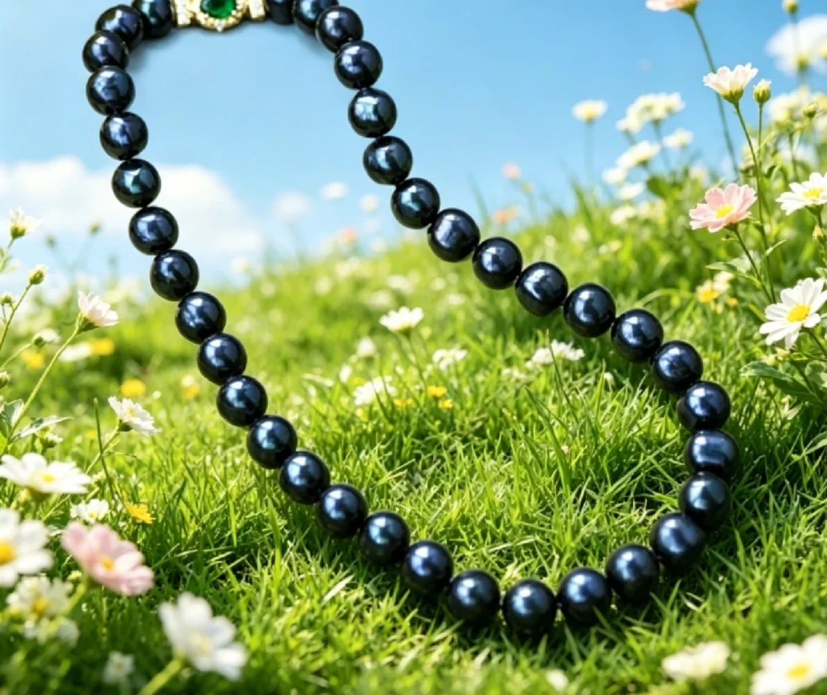 

Natural Tahiti Round Black Pearl Necklace Green Zircon/18in - AAA 10-11mm