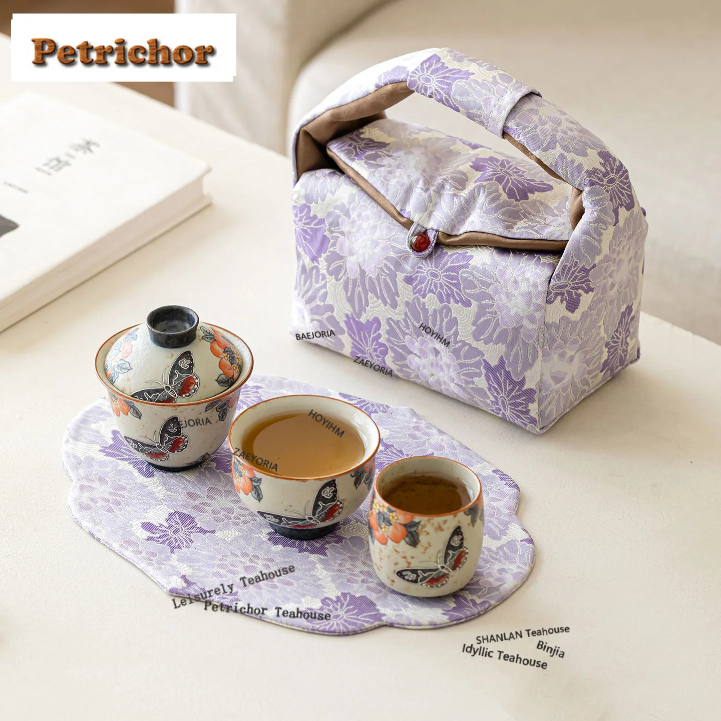 HOYIHM Decal Peach Butterfly Travel Tea Set Kit Zen 1 Bowl 2 Cups Tea Making Organizer Portable Camping Handbag Chinese Tea Set