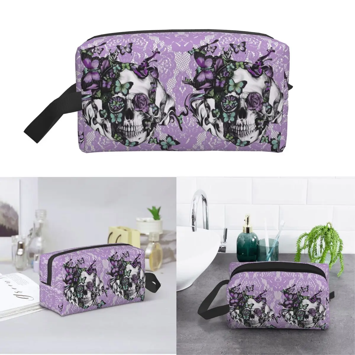 Gothic Lace Skull Suitcase Makeup Bag Cosmetic Organizer Storage Dopp Kit Toiletry Cosmetic Bag for Women Beauty Travel