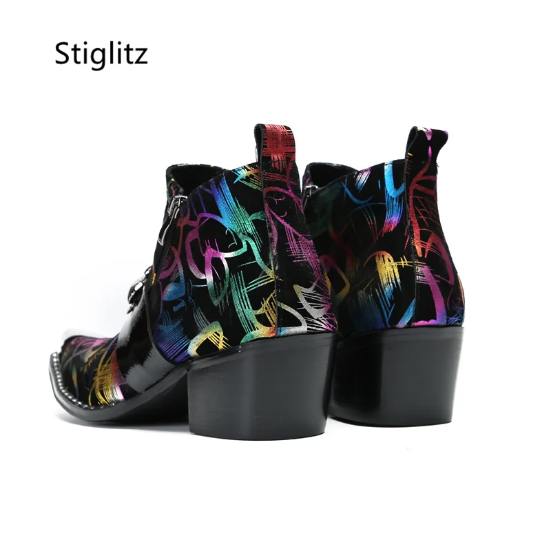 Graffiti Stiefeletten für Männer Perle Metall Dekor High Heels Leder Western Herren Stiefel Reiß verschluss Street Style Mann Schuhe hohe Qualität