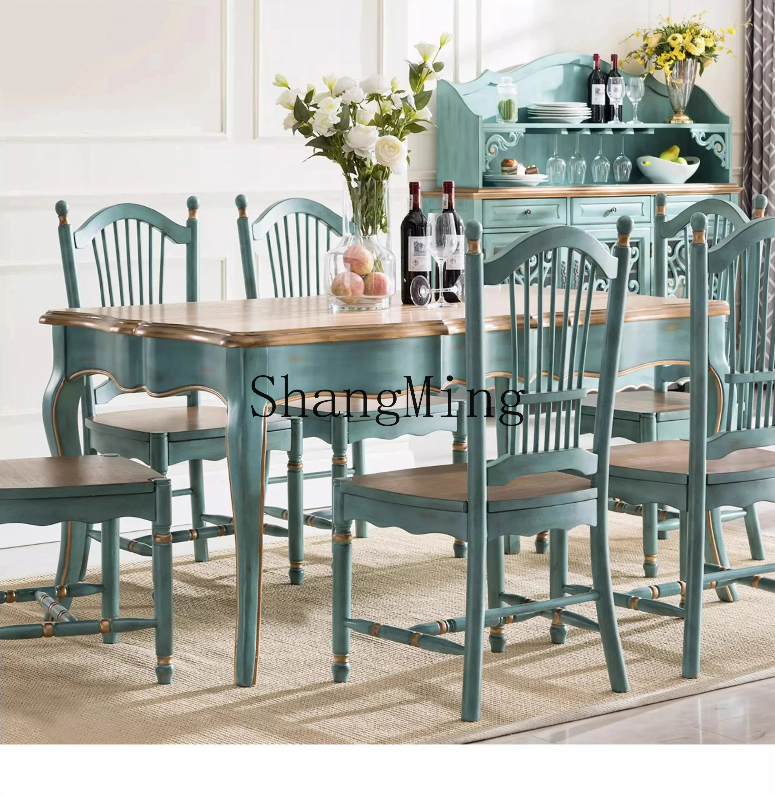 SM pastoral solid wood dining table chair household long table Mediterranean style small apartment dining table combination