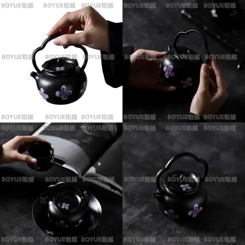 Black Gold Glaze Hand Painted Four Leaf Clover Teapot Retro Rough Pottery Kung Fu Tea Set Household Anti Scalding Beam Pot