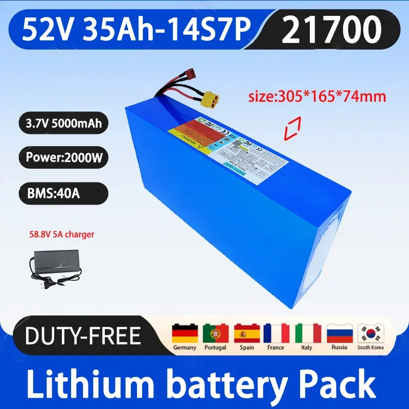 New 52V 35Ah 21700 14S7P lithium-ion battery pack 2000W power tool battery outdoor backup battery, with 40A BMS+58.8V 5A charger