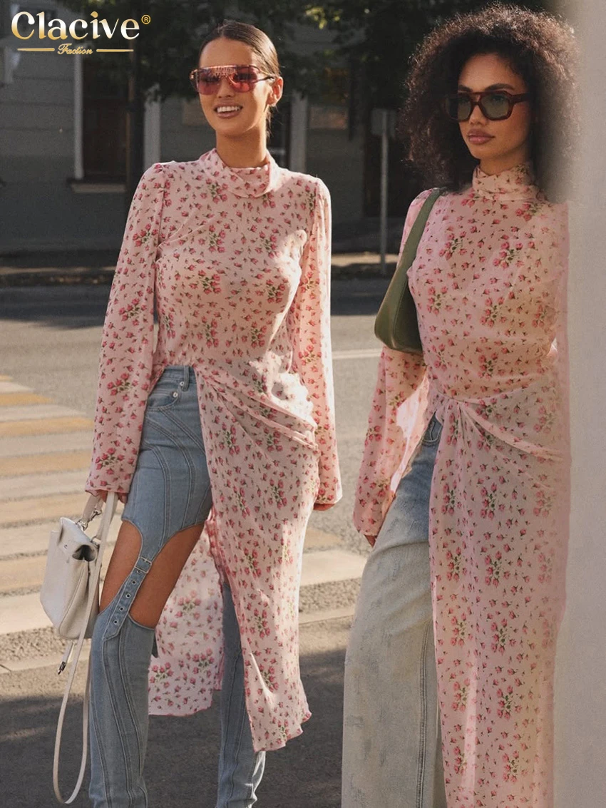 Женская рубашка Clacive Fashion Slim с принтом, осень 2026, с воротником-стойкой, длинным рукавом, элегантный классический топ, женская одежда