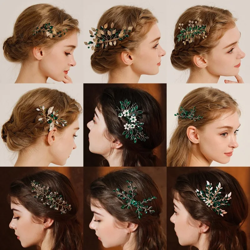 Vintage Alloy Rhinestone Comb, Handmade Leaf Green Crystal Headpiece, Hanfu Bridal Headpiece and Hair Accessory