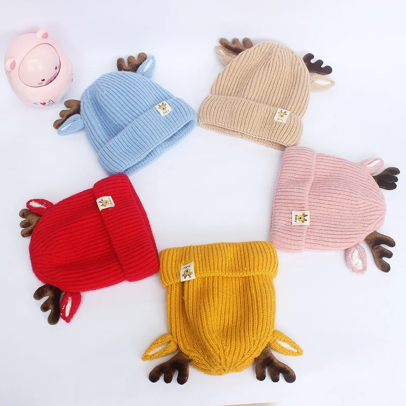 Cartoon Deer Baby Beanie Cap Solid Color Elk Antlers Knitted Hat for Toddler Boy Girl Autumn Winter Warm Kids Pullover Hats