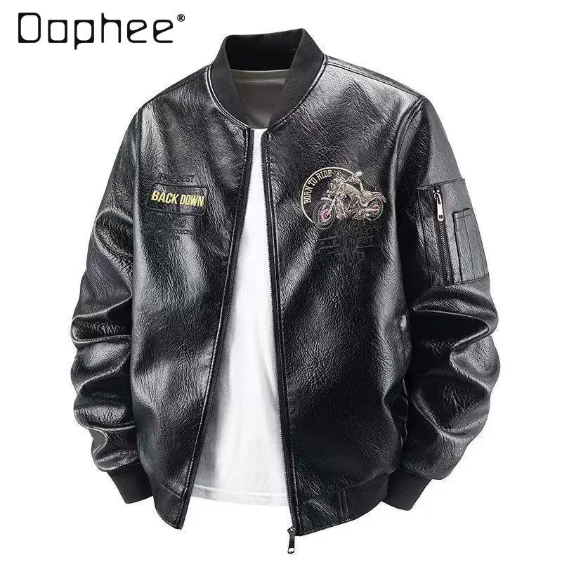 Spring and Autumn New American Retro Embroidered Black Leather Jacket Men's Motorcycle Coffee Color Fleece Lined Leather Jacket